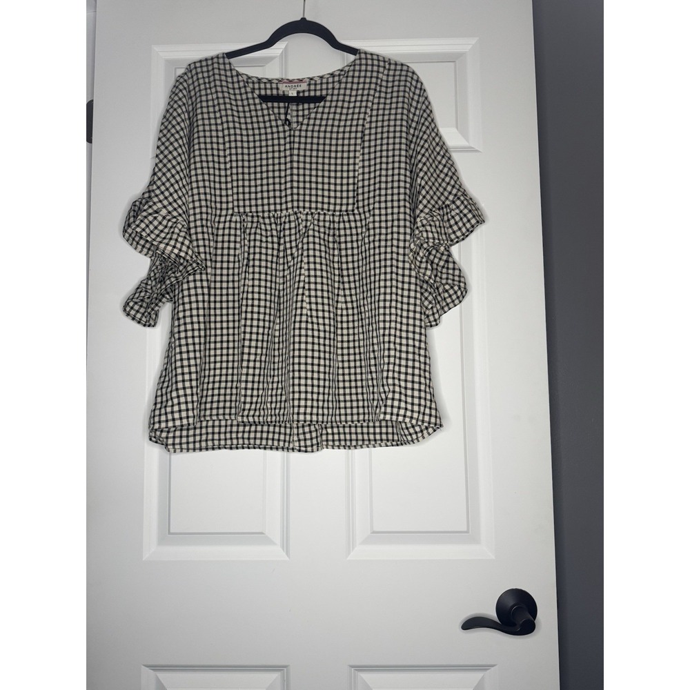Andree Gingham Puff Sleeve Smocked Babydoll Top Black Cream Large Nwt 36